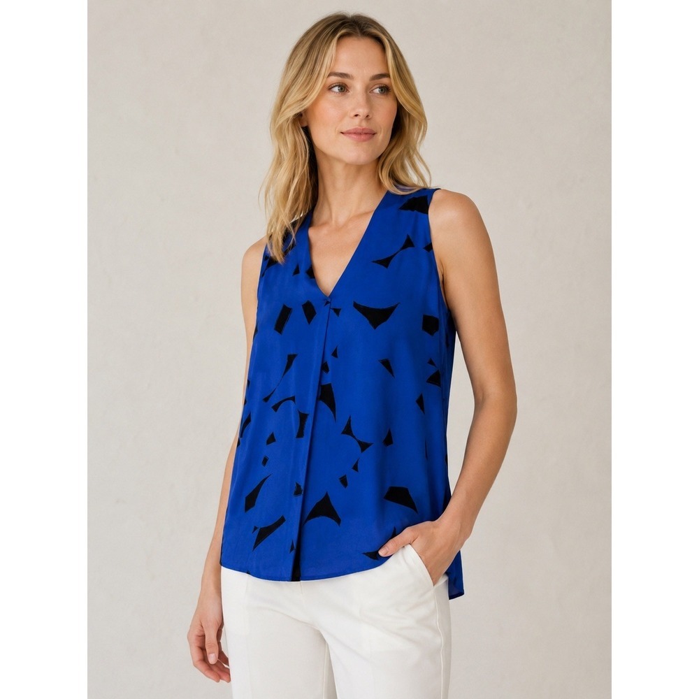 Vince Cobalt Blue Abstract Print 100% Silk V-Neck Sleeveless Blouse Top Small